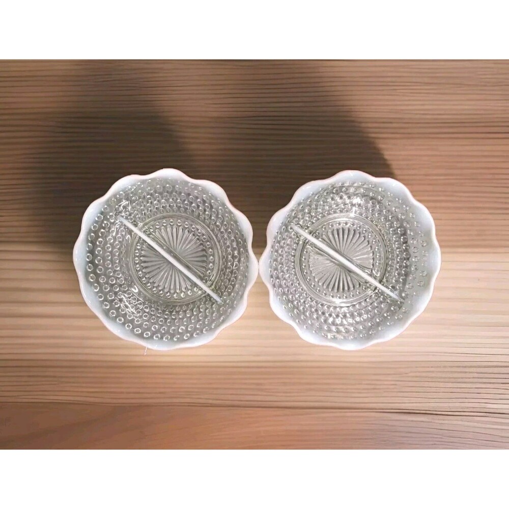 Vtg Hobnail Moonstone Ruffled Divided Dishes Anchor Hocking Crimped White Clear